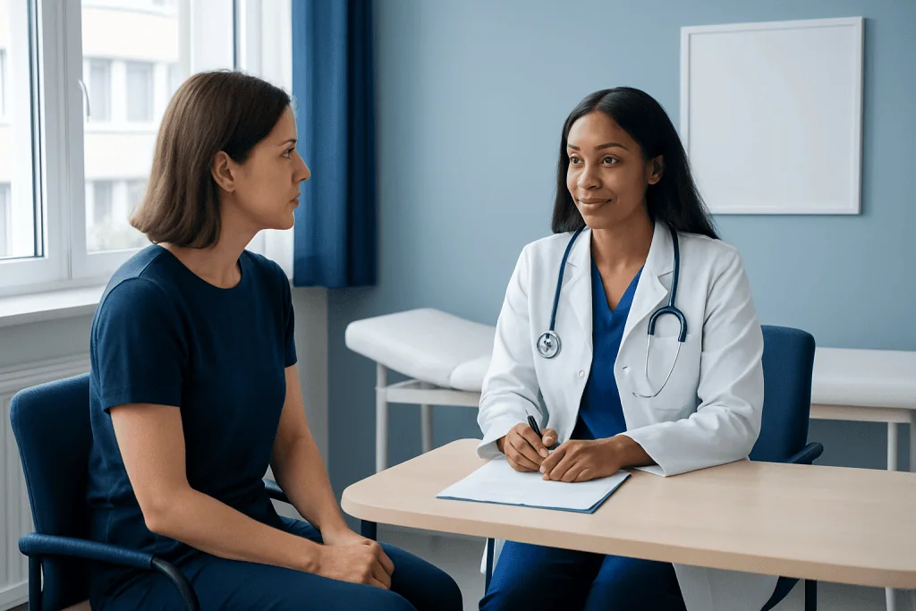Doctor consulting with a patient in a medical office setting.