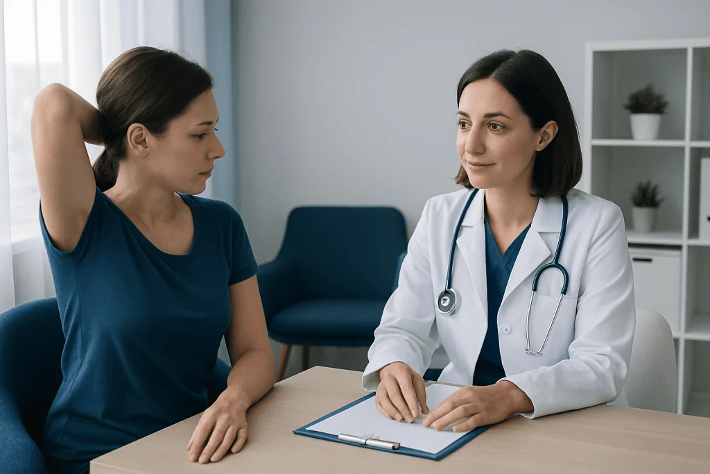 Female patient consulting with a doctor in a medical office.