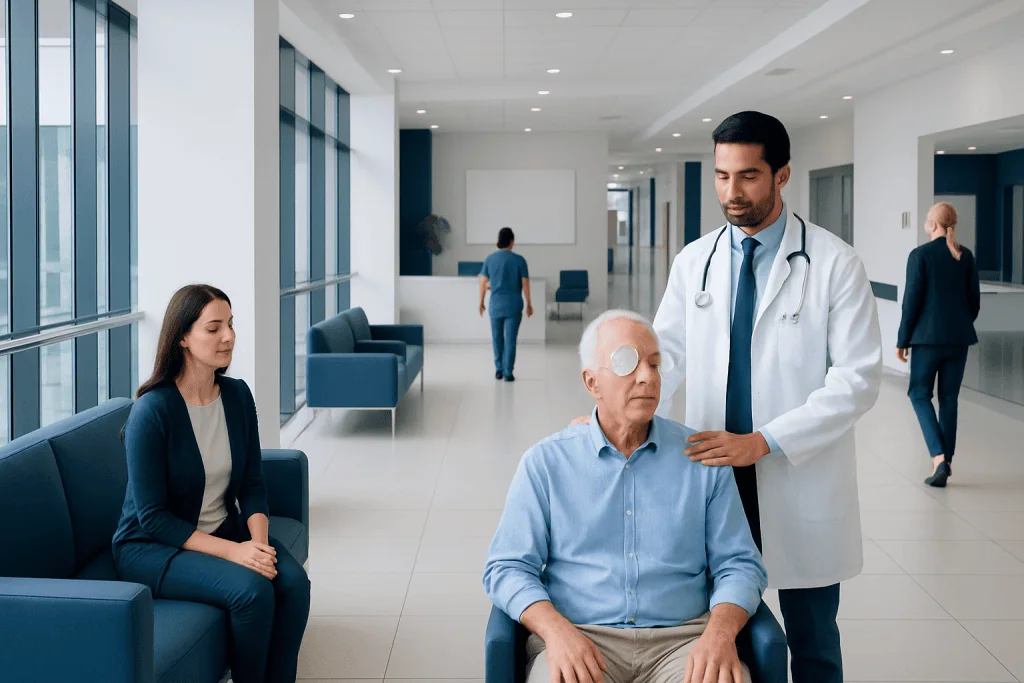Can I Take Edibles after Cataract Surgery: Procedure, Recovery and Results 1 Doctor examining elderly patient with eye patch in hospital corridor.