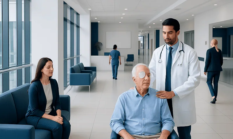 Can I Take Edibles after Cataract Surgery: Procedure, Recovery and Results 10 Doctor examining elderly patient with eye patch in hospital corridor.