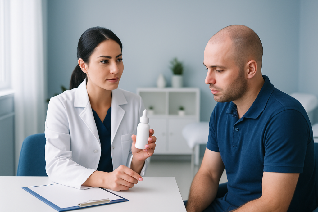 Doctor explaining hair care spray to patient after hair transplant.