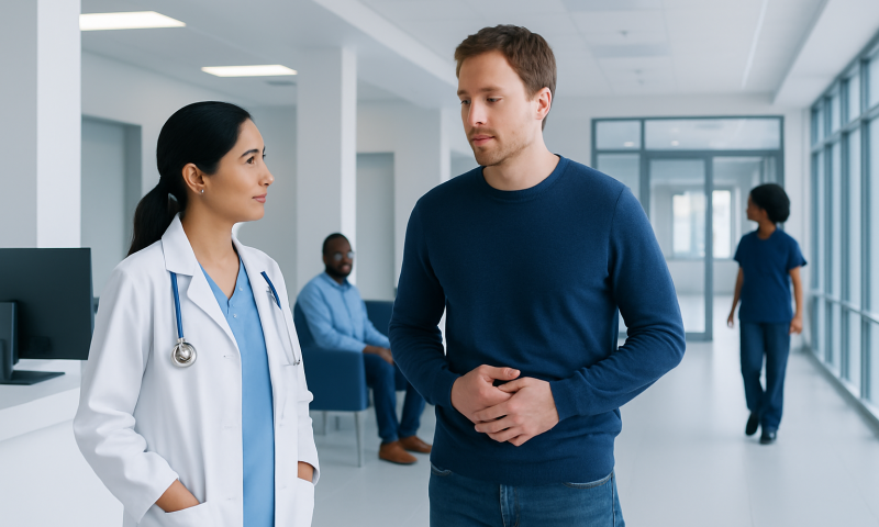 Doctor consulting a patient in a hospital corridor.