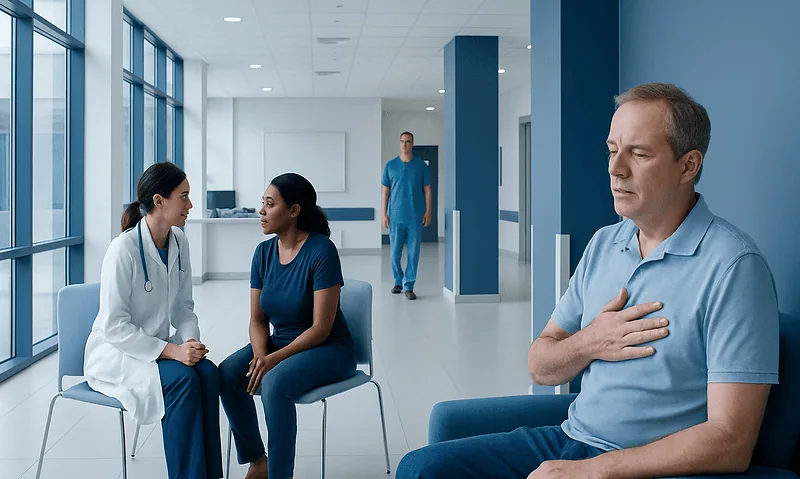 Can Ibuprofen Cause Acid Reflux or Heartburn? 7 Doctor consulting patient with heartburn symptoms in hospital corridor.