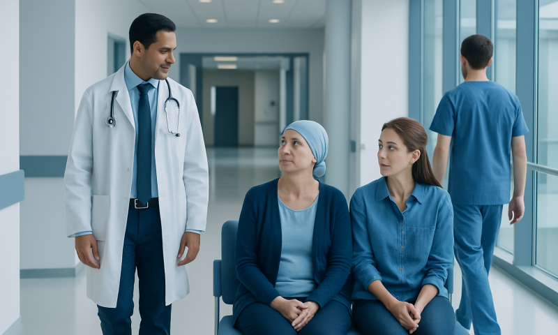 Doctor consulting with two female patients in hospital corridor.