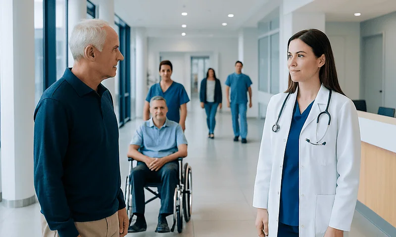 Doctor talking to elderly patient in hospital corridor with staff in background.