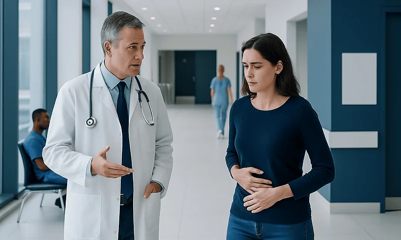 Doctor consulting with a woman patient in hospital corridor.