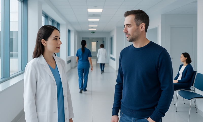 Patient consulting with doctor in hospital corridor at Acibadem Hospitals Group.