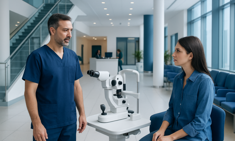 Optometrist and patient in modern clinic with eye examination equipment.