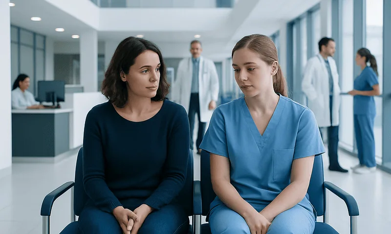 Patients waiting in a hospital corridor with medical staff in the background.