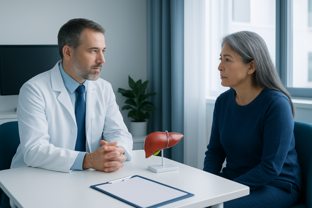 Doctor consulting with a female patient in a medical office.