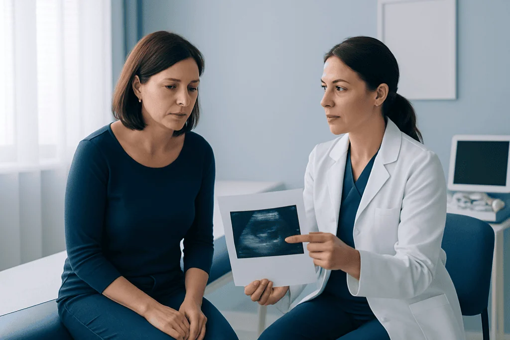 Doctor explaining breast ultrasound results to patient in clinic.