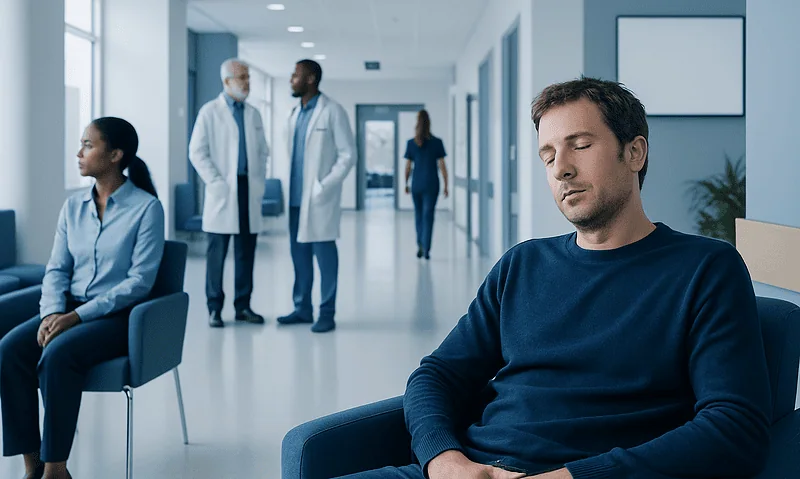 Patient experiencing fatigue in a hospital waiting area with medical staff in background.