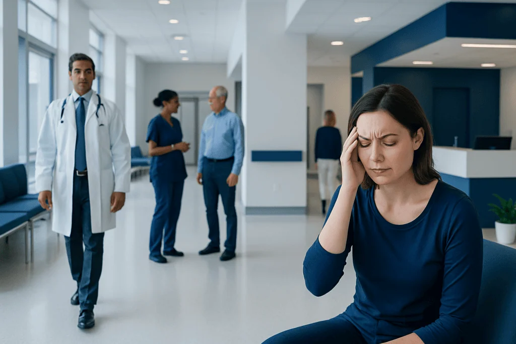 Can Low Iron Cause Dizziness? Causes, Explanations, and Next Steps 1 Woman with headache in hospital corridor, healthcare staff in background.
