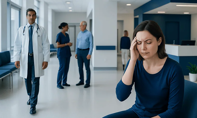 Can Low Iron Cause Dizziness? Causes, Explanations, and Next Steps 4 Woman with headache in hospital corridor, healthcare staff in background.