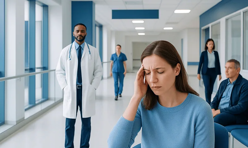Patient with headache in hospital corridor with medical staff nearby.