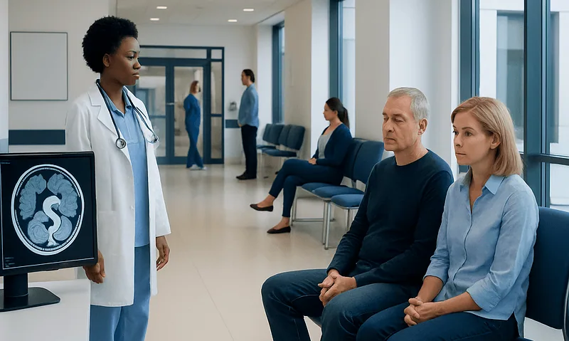 Doctor explaining MRI scan results to patients in hospital corridor.