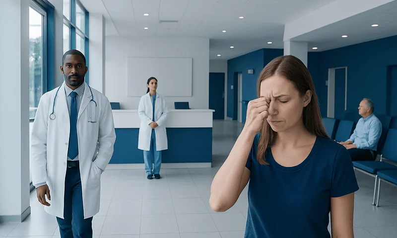 Health Library 17 Patient experiencing nasal discomfort in hospital waiting area.