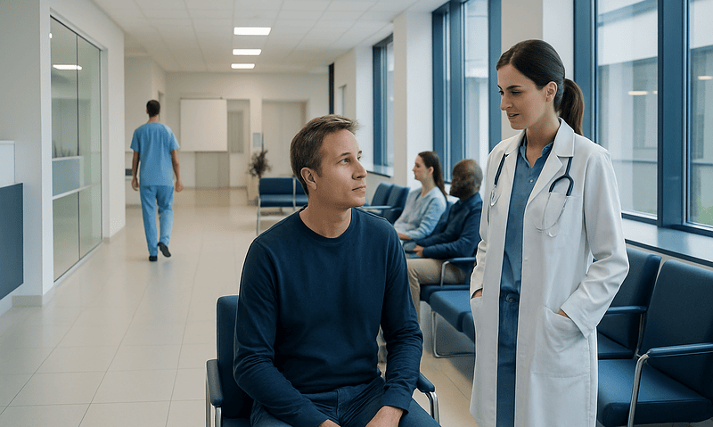 Doctor consulting patient in hospital corridor with waiting area.