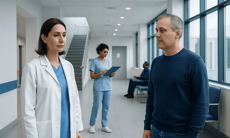 Doctor and patient having consultation in hospital corridor.