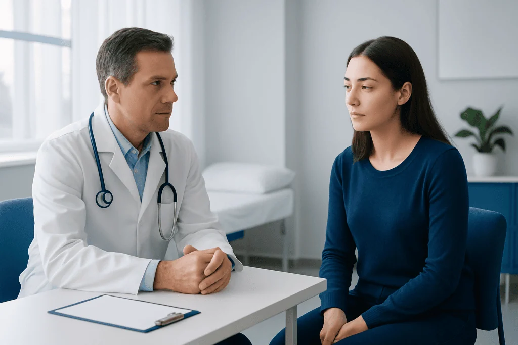 Doctor consulting with a young woman in a medical office setting.