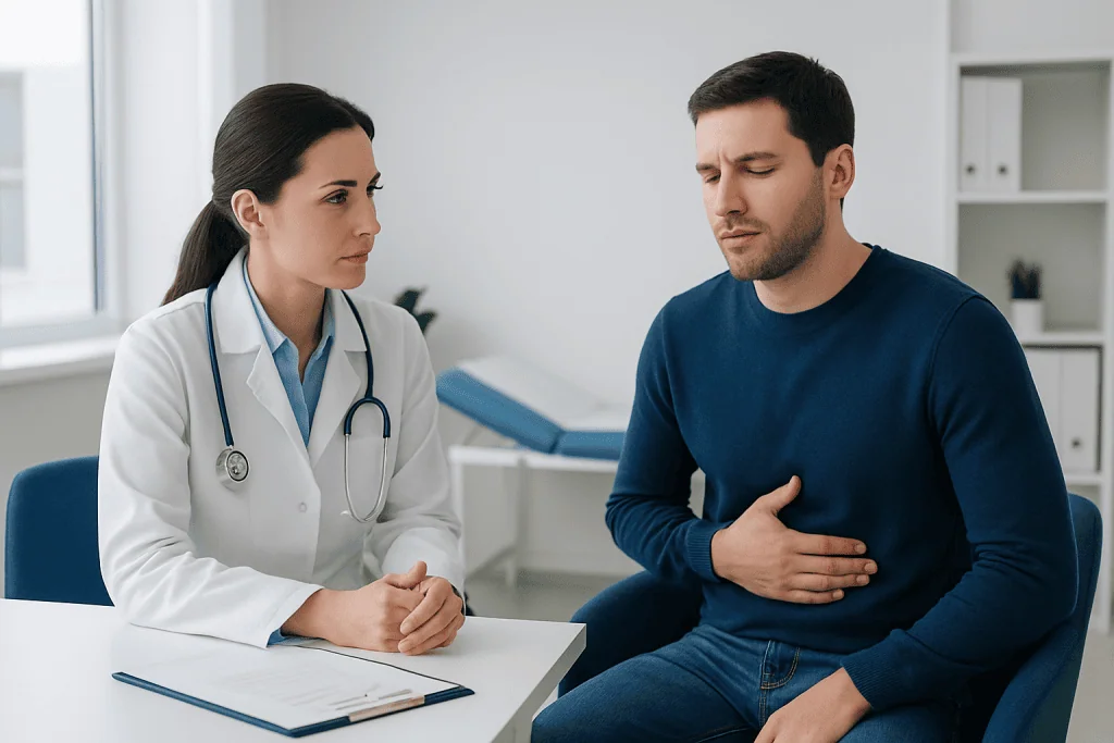 Doctor consulting with a patient experiencing stomach discomfort in a clinical setting.