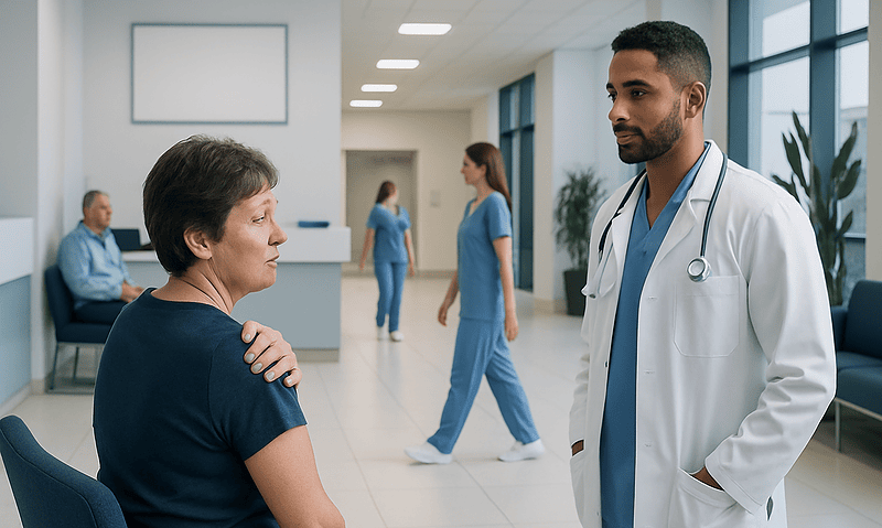 Doctor consulting with a female patient in a hospital corridor.