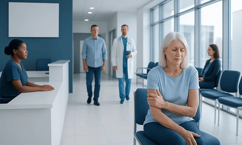 Elderly woman waiting in a hospital corridor with a worried expression.