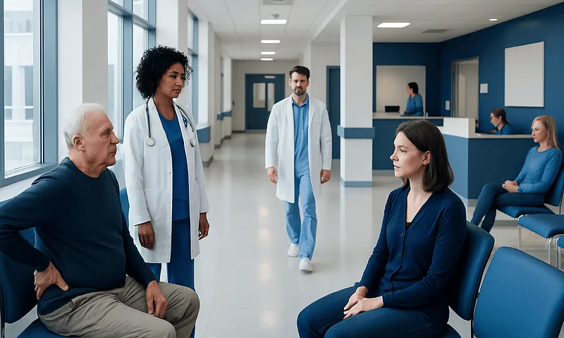 Can Spinal Stenosis Kill You? Here Is What the Evidence Says 4 Hospital waiting area with medical staff and patients.
