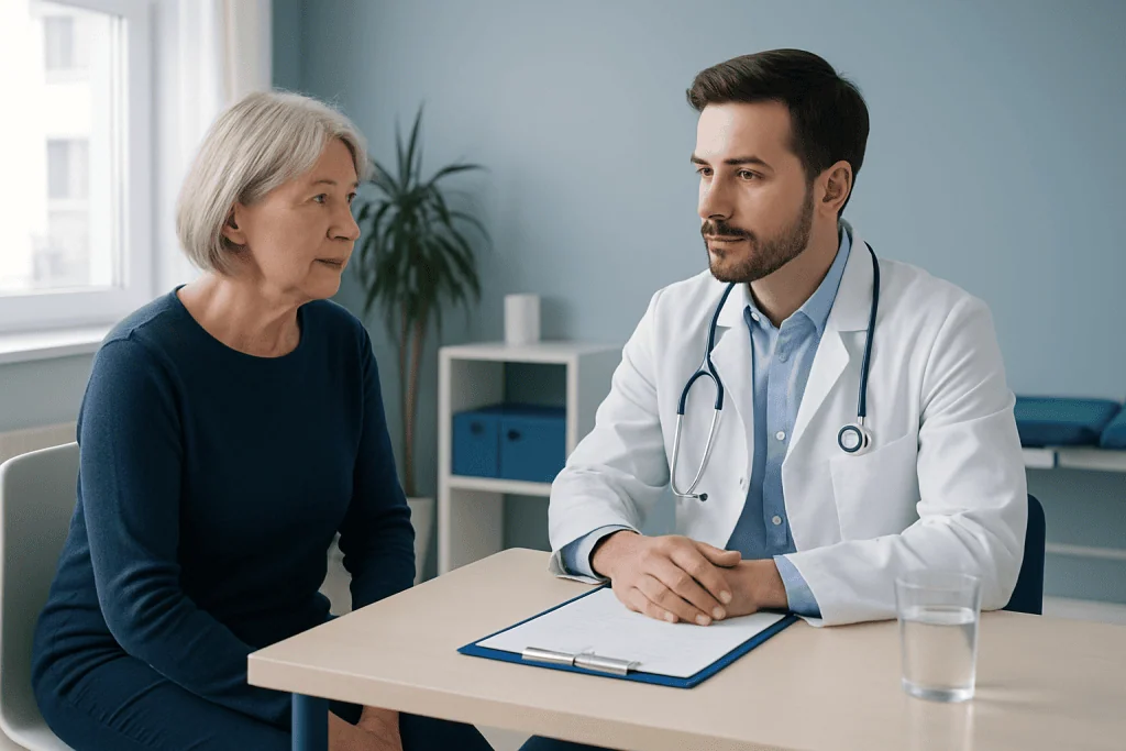 Doctor consulting with an elderly female patient in a medical office.