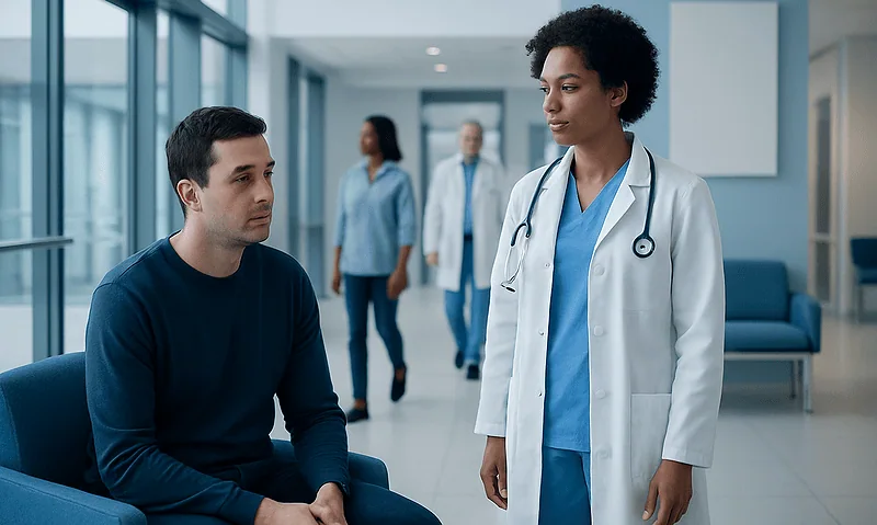 Doctor consulting with patient in hospital corridor.