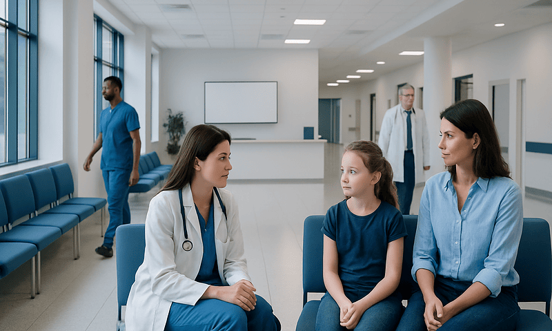 Doctor consulting with young girl and mother in hospital waiting area.