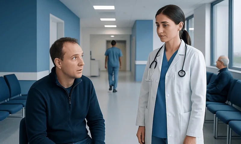 Doctor consulting with patient in hospital corridor.
