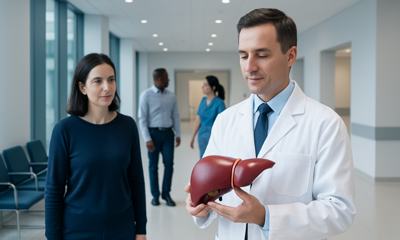 Doctor holding a model of a human liver in a hospital corridor.