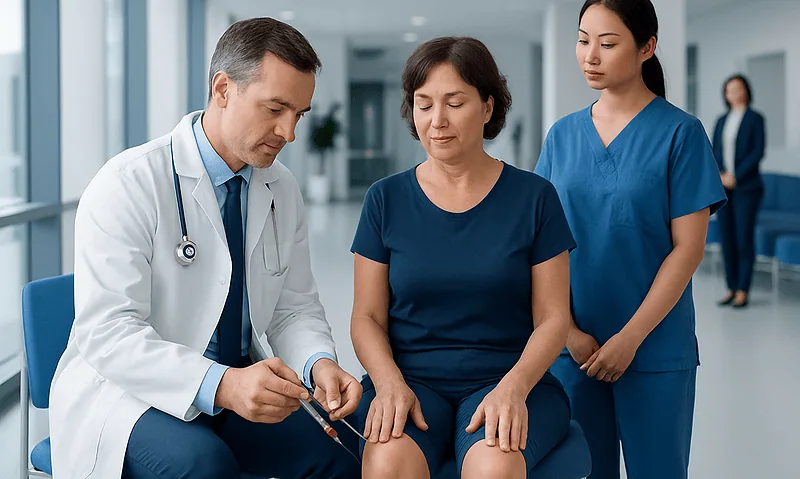 Doctor administering a cortisone shot to a patient in a hospital setting.