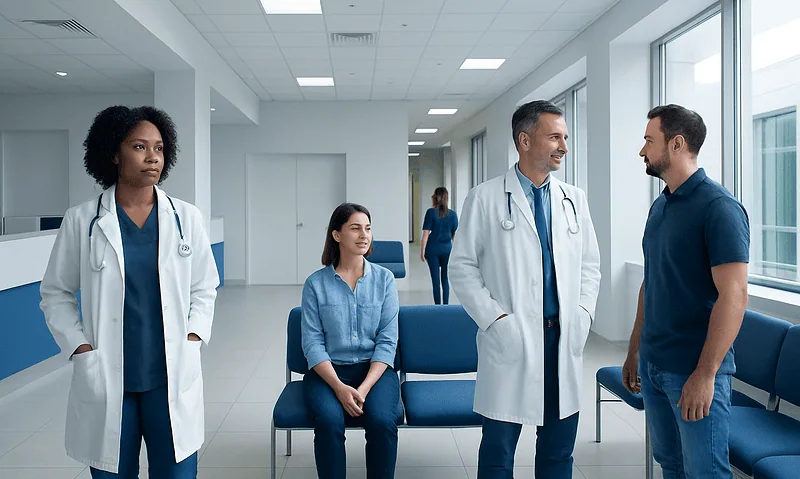Medical professionals and patient in hospital corridor.
