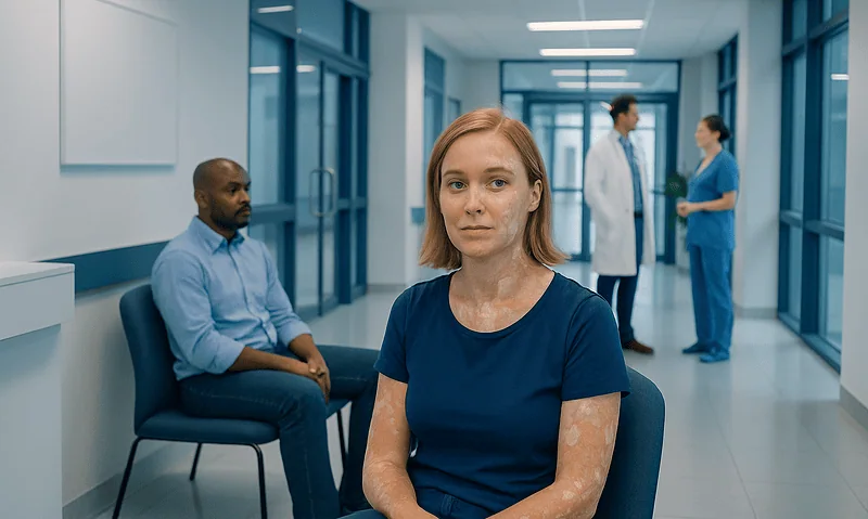 Patient waiting in a hospital corridor with medical staff in the background.