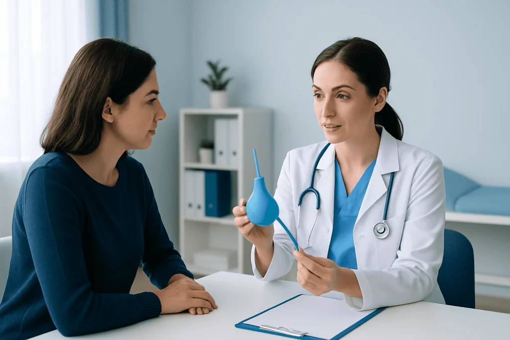 Doctor explaining enema catheter use to patient in consultation room.