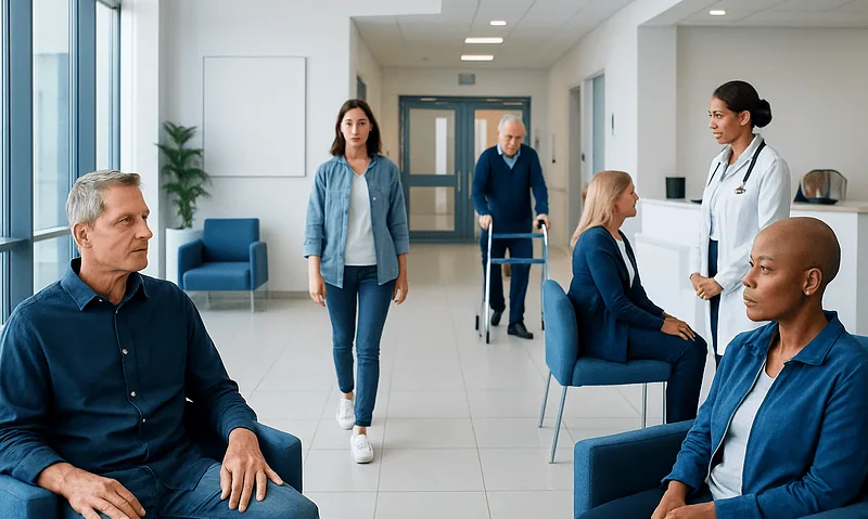 Patients waiting in a hospital corridor with medical staff attending to them.