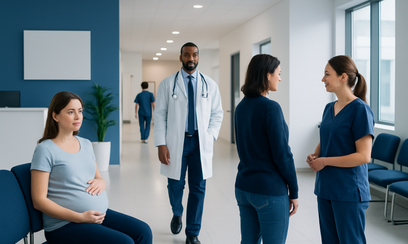 Can You Eat Before an Ultrasound: Preparation, Procedure and Results 11 Pregnant woman waiting in hospital corridor with medical staff and visitors.