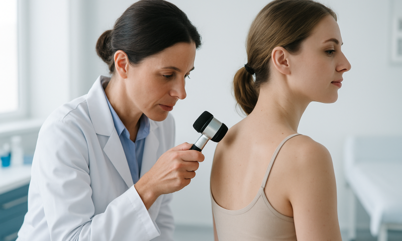 Dermatologist examining a patient's skin with a dermatoscope in a clinical setting.