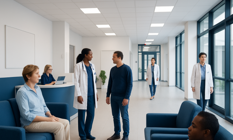Hospital waiting area with medical staff and patients at Acibadem Hospitals Group.