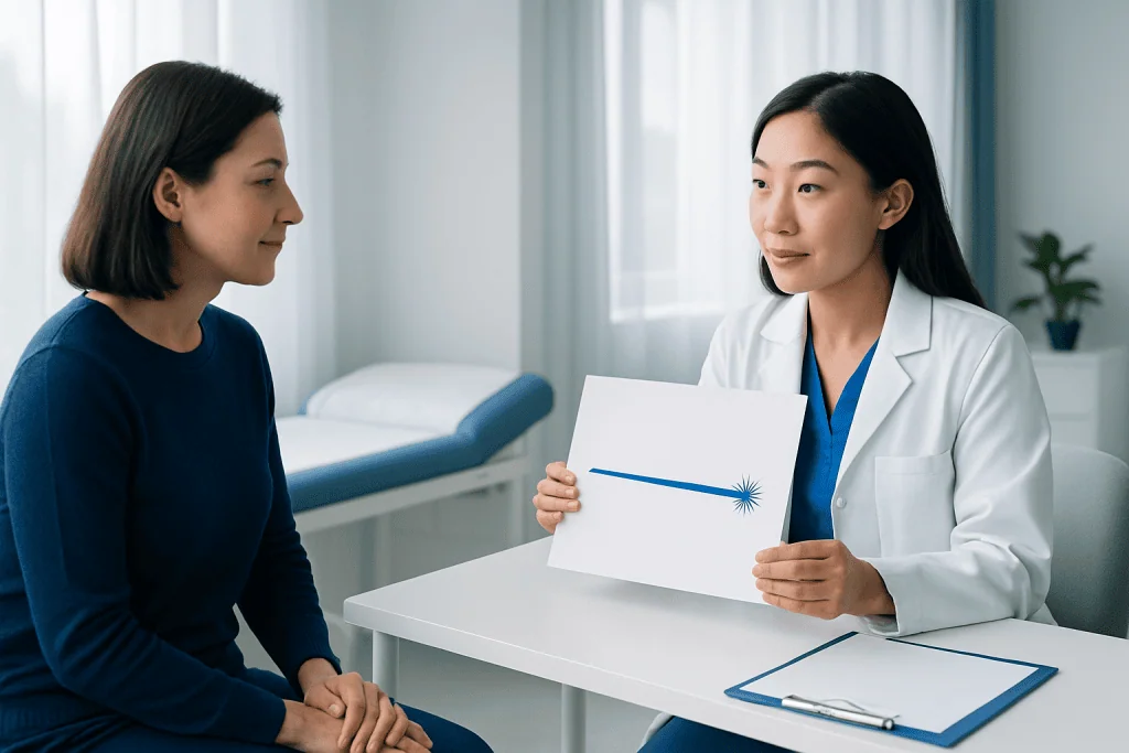 Doctor explains laser beam treatment to patient in consultation room.