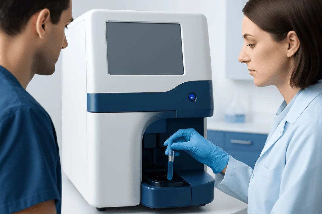 Laboratory technician using a cell analysis machine in a clinical setting.