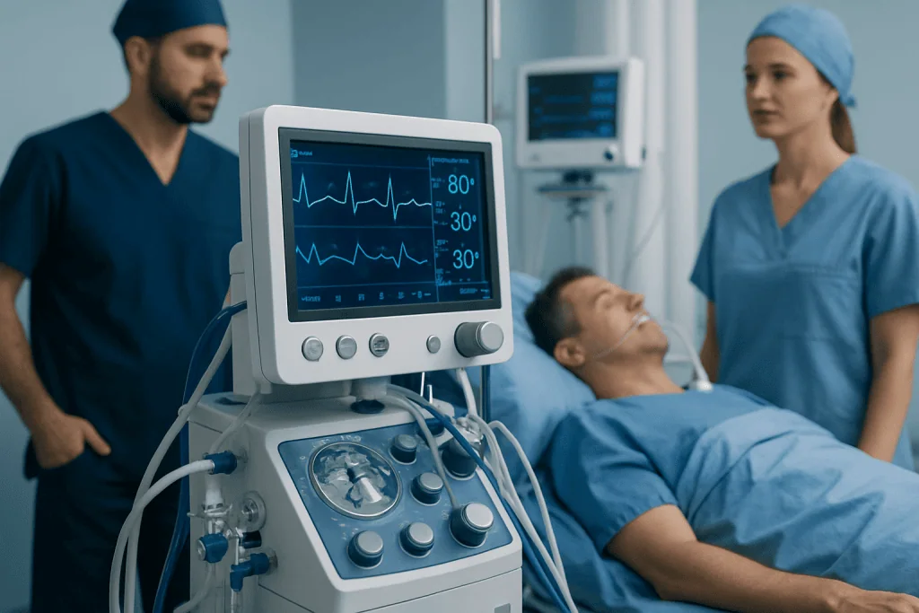 Medical team monitoring patient with ultrasound in hospital setting.