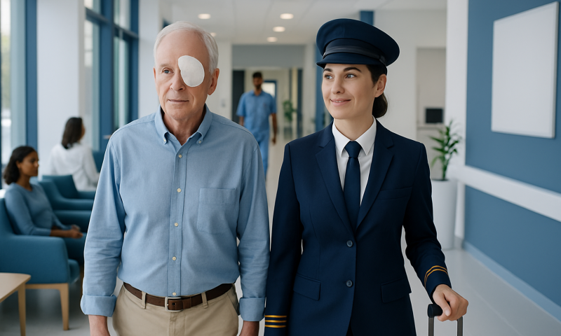 Elderly man with eye patch walking with a flight attendant in hospital.