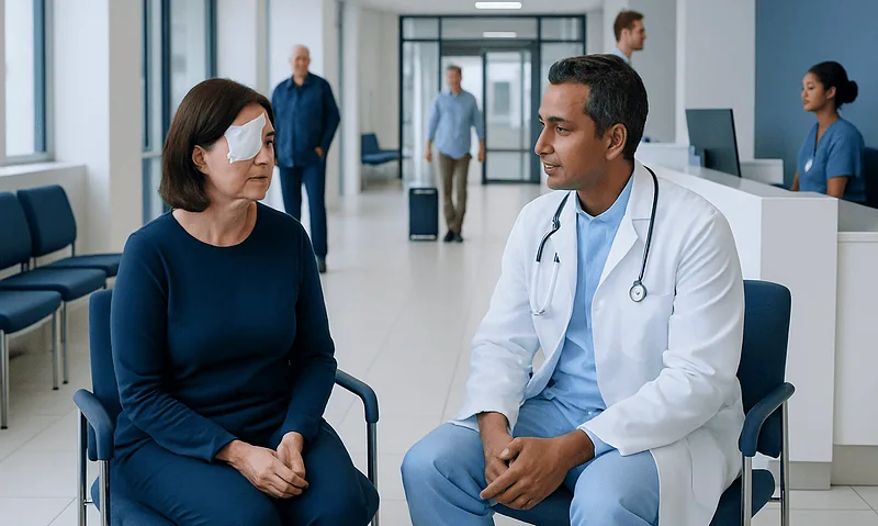 Patient with eye patch consulting doctor in hospital corridor.