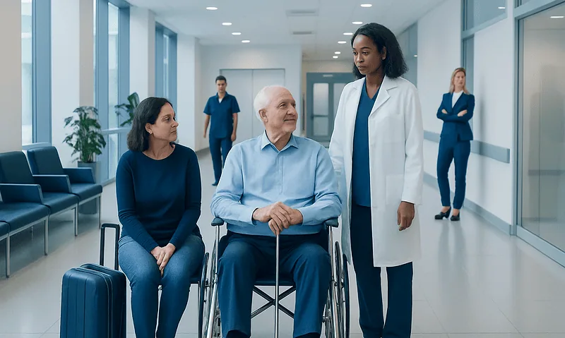 Hospital staff assisting elderly patient in wheelchair in corridor.