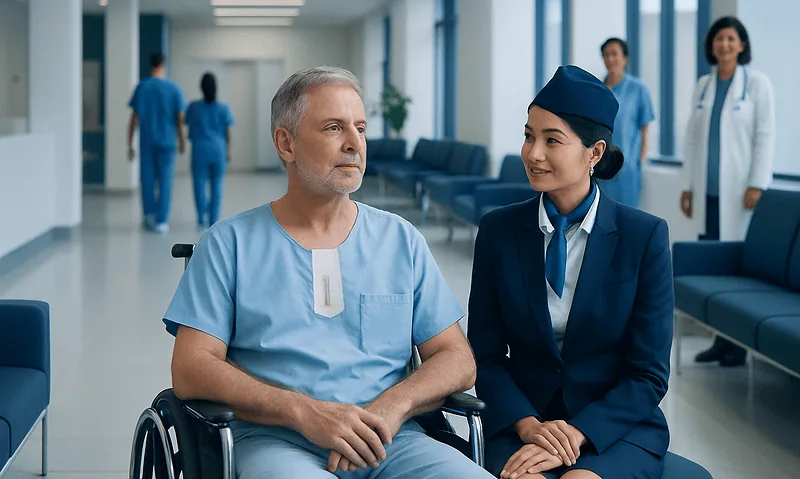 Patient in wheelchair talking with nurse in hospital corridor.