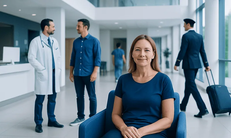 Patient sitting in hospital lobby with medical staff and visitors in background.
