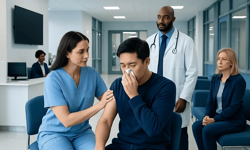 Doctor examines patient with nurse in hospital corridor.